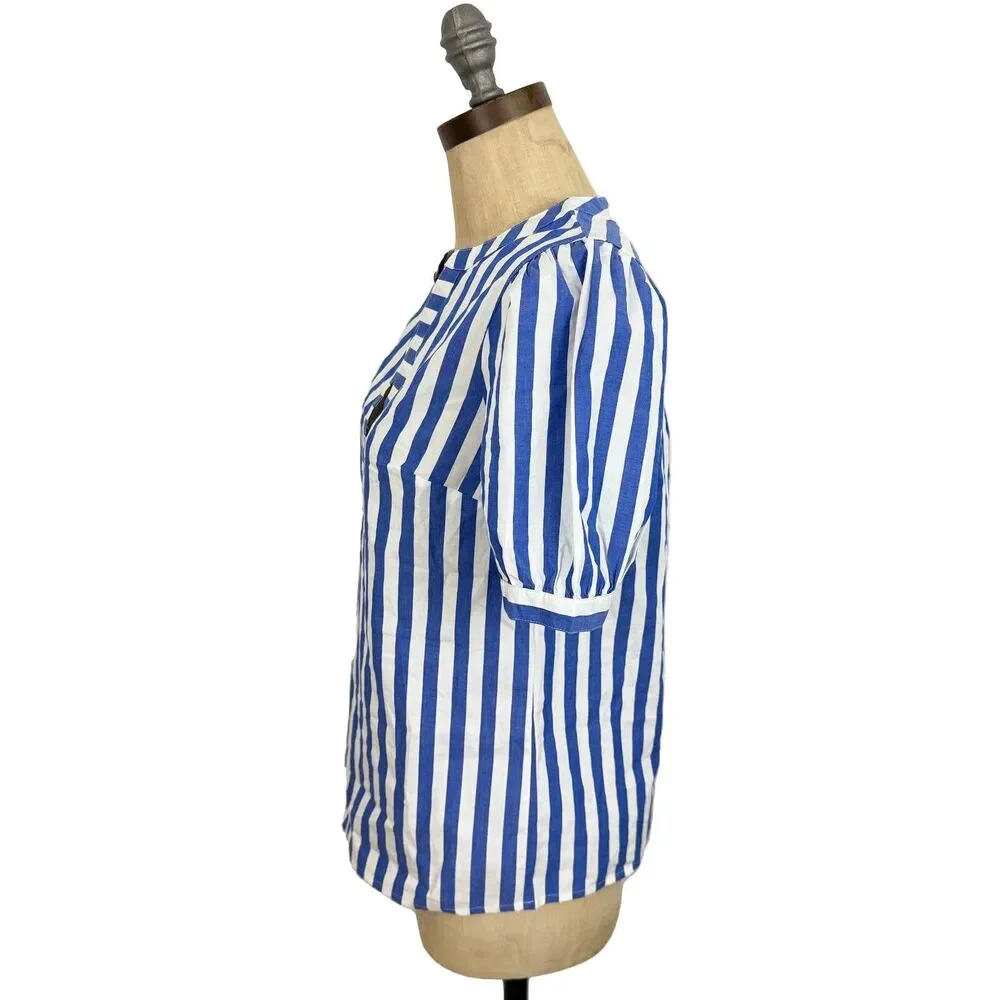 J.CREW Poplin Striped Short-Sleeve Top XXS Blue White Puff Sleeve NWT B30